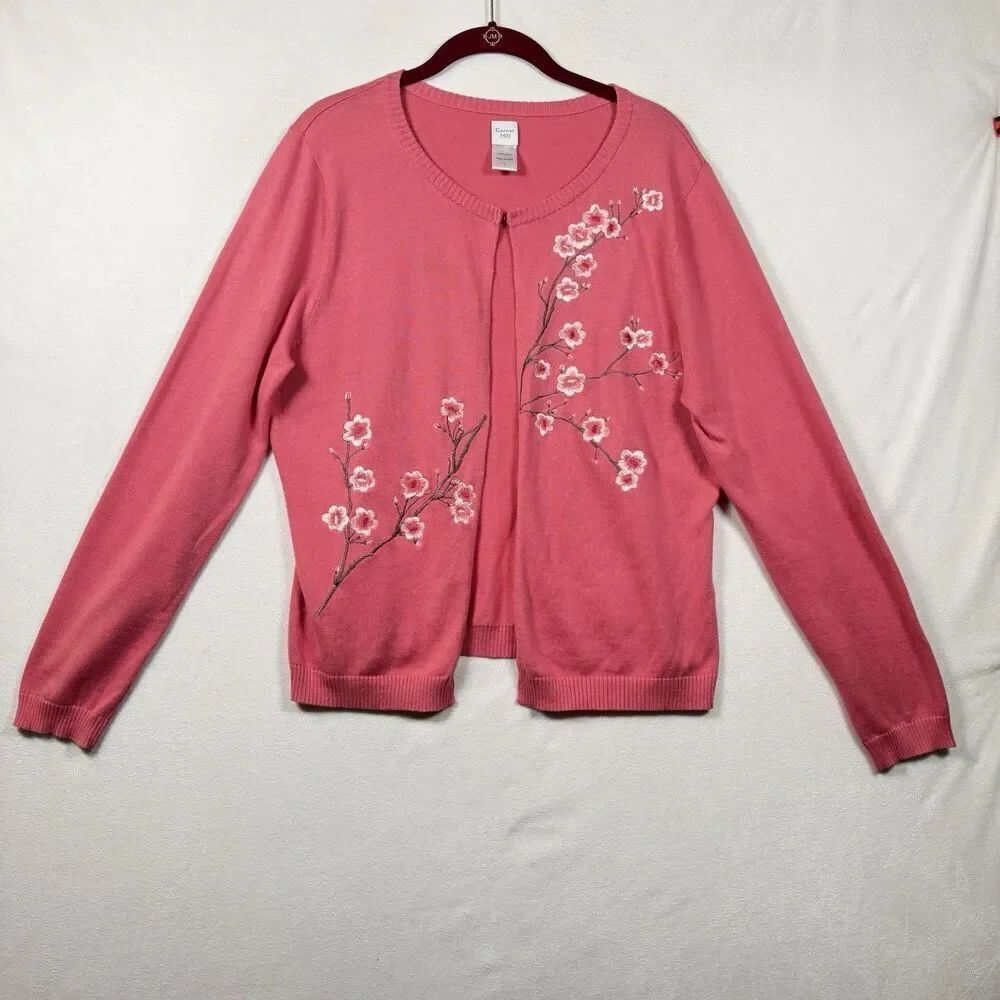 Garnet HillβCotton Cardigan L Pink Embroidered Cherry Blossom Floral Sweater
